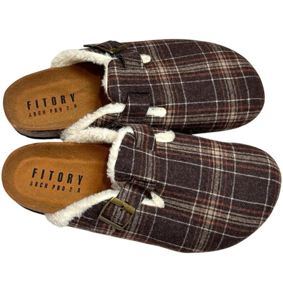 NWOT Fitory Plaid Mule Slip Ons Cork Footbed Cozy Cabincore Holiday Women’s 12 - Picture 8 of 9